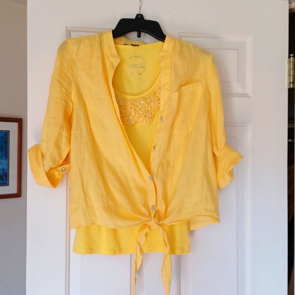 INC Yellow Linen Tie Blouse & Tank, size Small